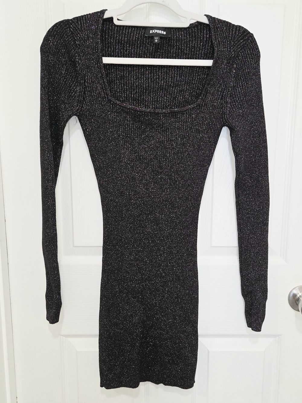Express Glitter Bodycon Square Neck Long Sleeve Mini Sheath Dress Size XS.